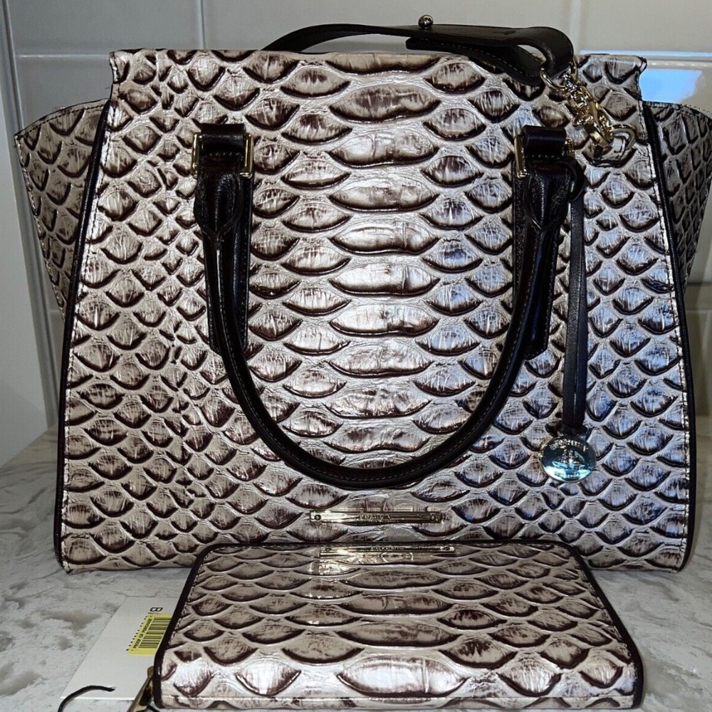 Brahmin Priscilla Pearl Dogwood Leather Satchel Handbag & Suri Wallet Rare